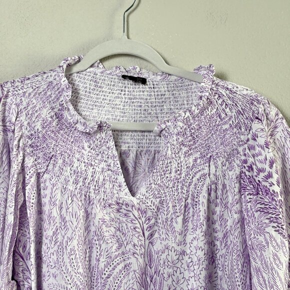 Talbots Smocked Top Plus Petite 2XP Purple White Blissful Meadow Floral Linen - Picture 2 of 9